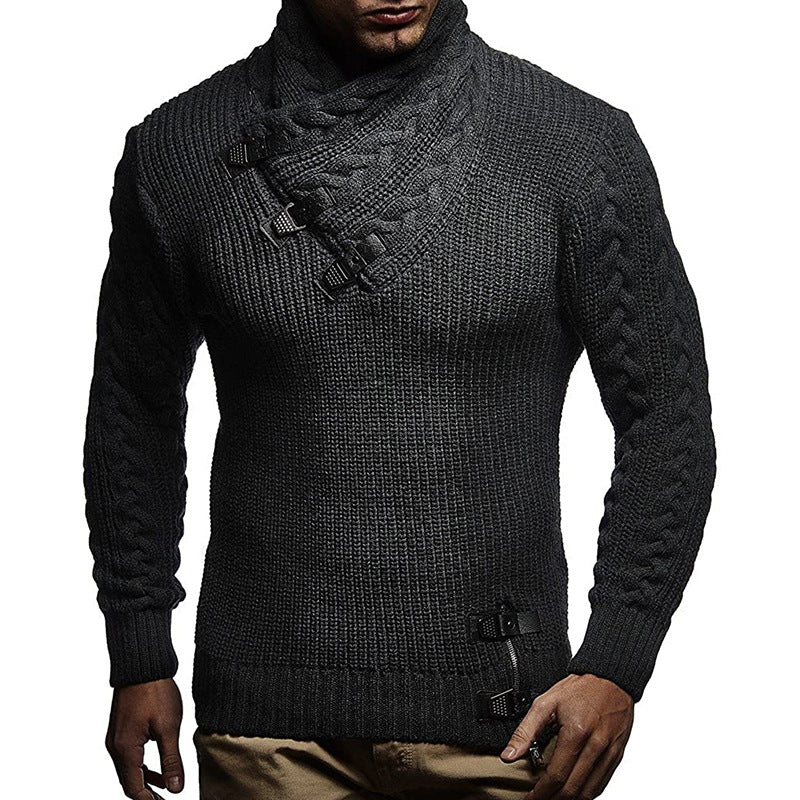 Herren Grobstrickpullover mit modernem Stehkragen und innovativen Knopfdetails EB