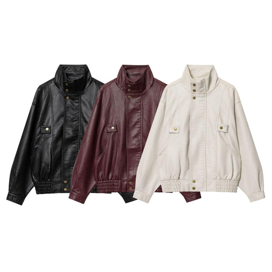 Damen Kunstlederjacke mit hohem Kragen und praktischen Taschen EB