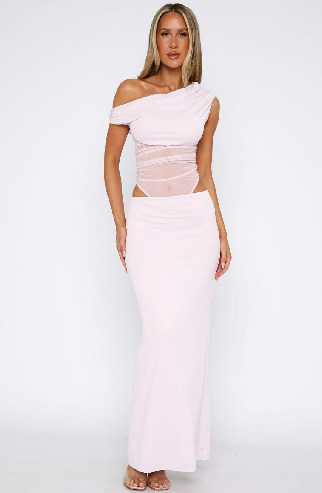 Damen Elegantes Maxikleid mit asymmetrischem Schnitt und transparenten Einsätzen EB