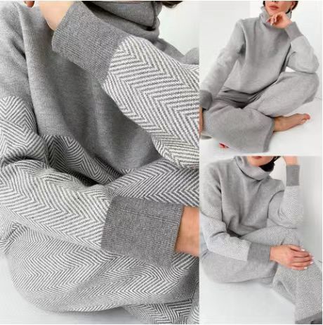 Damen Loungewear-Set mit hoher Kragen und strukturiertem Muster EB