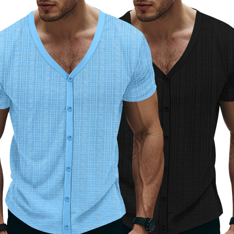 Herren Kurzarm Henley-Shirt mit strukturiertem Design und Knopfleiste EB