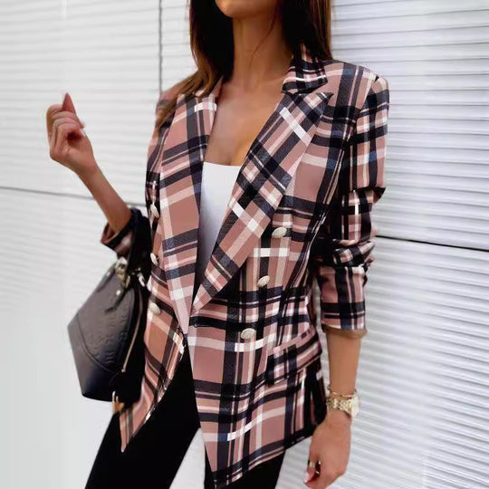 Damen Karierter Blazer mit doppelter Knopfleiste und schickem Schnitt EB