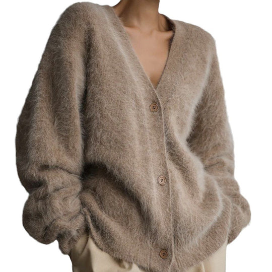Damen Kuscheliger Oversize-Cardigan aus Teddy-Strick mit tiefem V-Ausschnitt EB