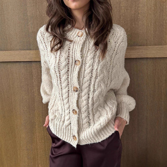 Damen Grobstrickjacke mit eleganter Knopfdetails und voluminösen Ärmeln EB