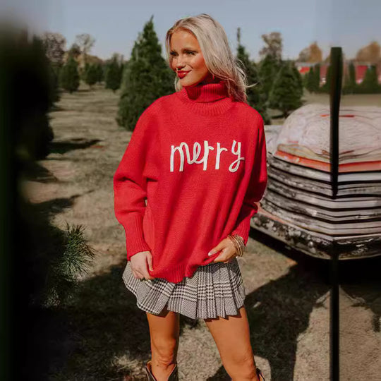 Damen Rollkragenpullover mit lustigem Weihnachtsmotiv EB