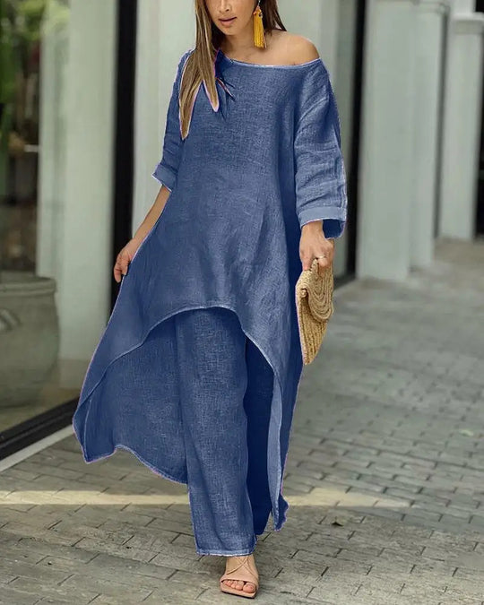 Damen nan weit geschnittenes Leinenzweiteiler Set mit asymmetrischer Tunika und lockeren Marlene-Hose EB