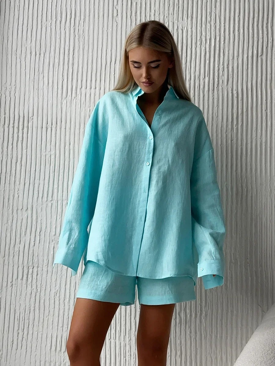 Damen lässiges Leinen Set mit lockerer Bluse und Shorts EB