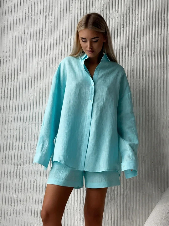 Damen lässiges Leinen Set mit lockerer Bluse und Shorts EB