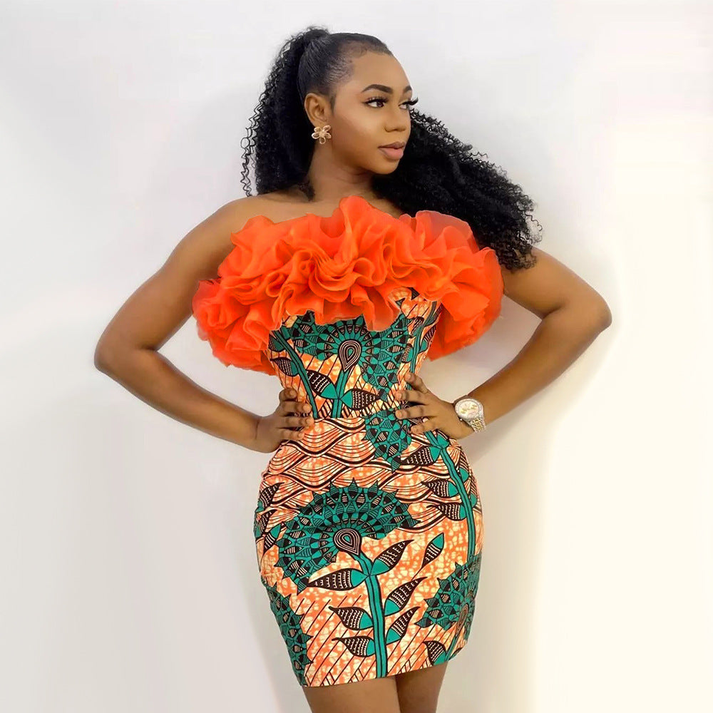 Damen Elegantes Kleid mit voluminösem Rüschensaum und floralen Mustern EB