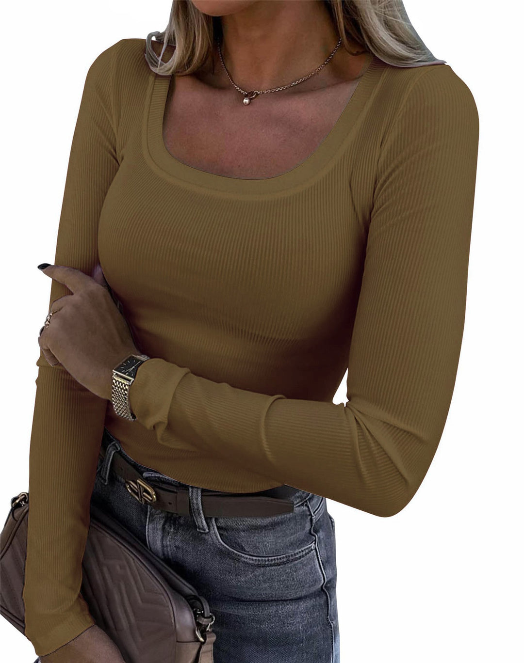 Damen Langarm Ripp-T-Shirt mit elegantem U-Boot-Ausschnitt EB
