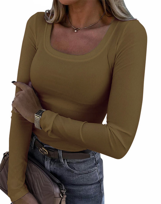 Damen Langarm Ripp-T-Shirt mit elegantem U-Boot-Ausschnitt EB