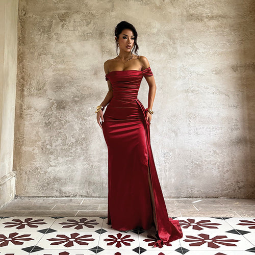 Damen Elegantes Off-Shoulder-Maxikleid aus luxuriösem Satin EB