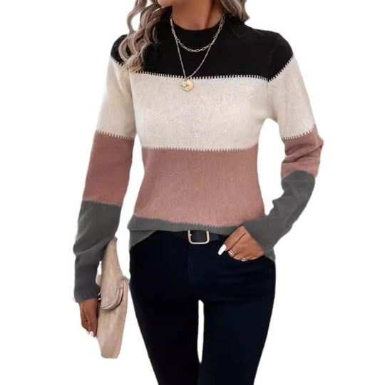 Damen modischer Strickpullover mit trendigem Blockstreifen und steigendem Kragen EB