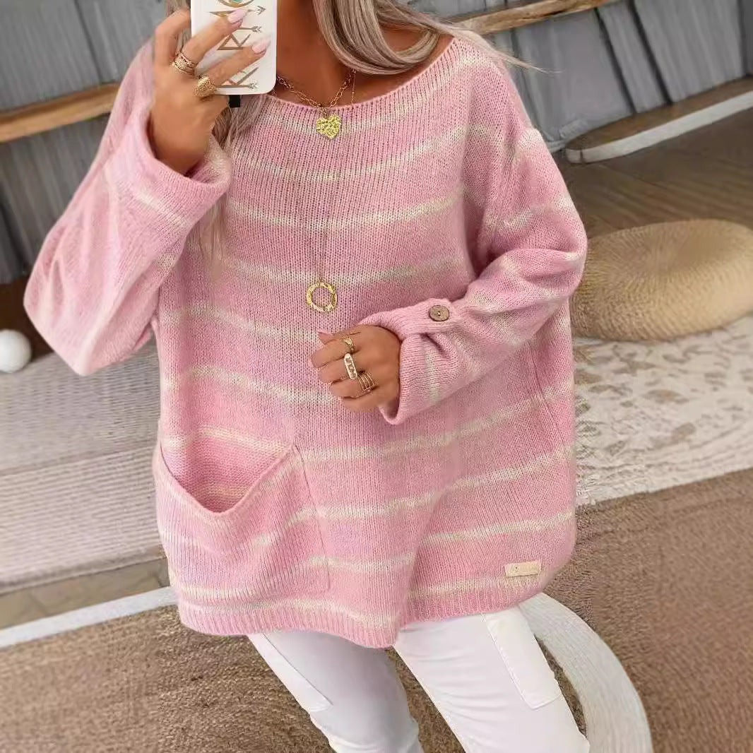 Damen Oversized Strickpullover mit eleganten Streifen und praktischen Taschen EB