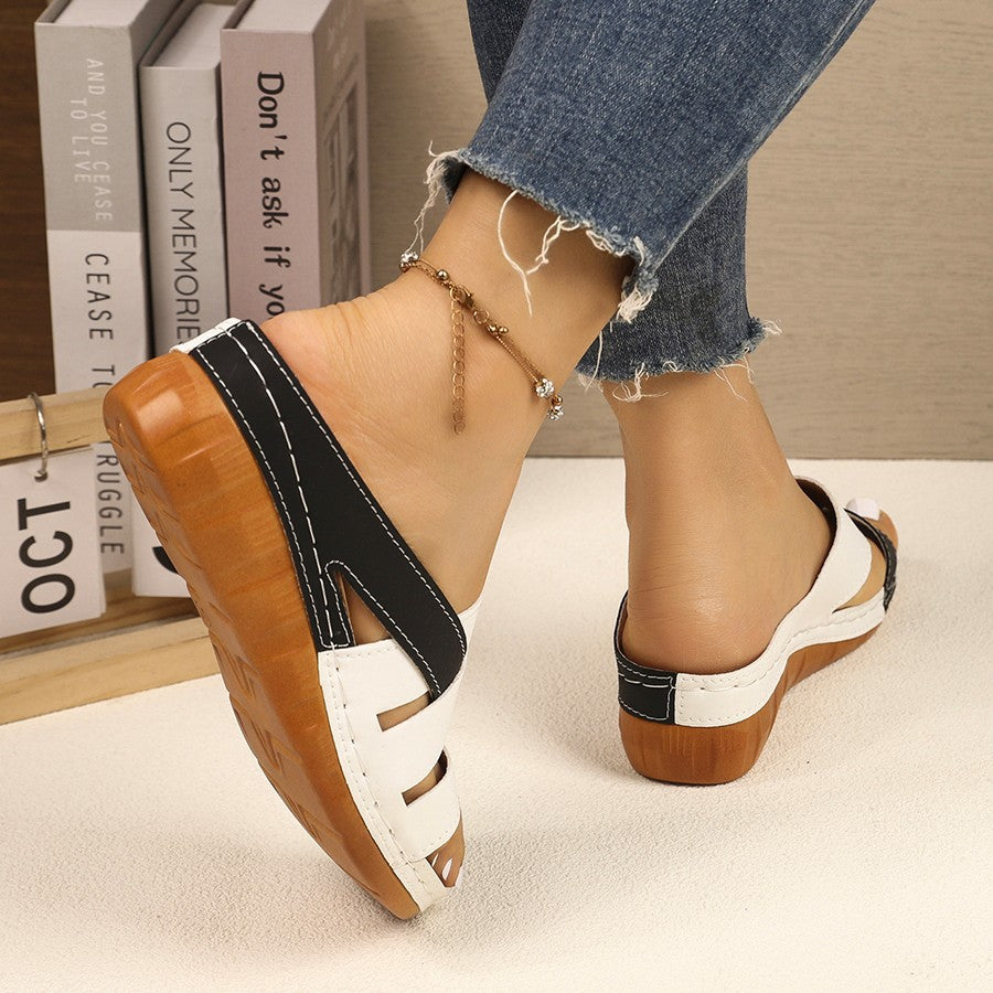 Damen Komfortable Wedge-Pantoletten mit dekorativen Riemchen EB
