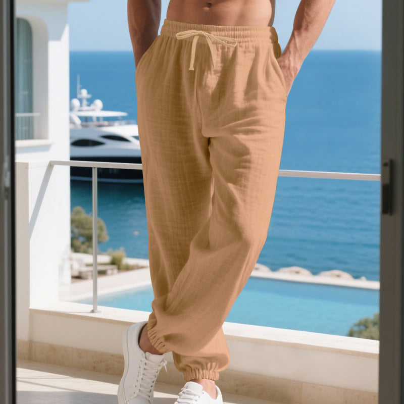 Herren nan leichte Leinen-Baumwoll Loungehose mit elastischem Tunnelzug, seitlichen Eingrifftaschen und elastischen Beinabschlüssen EB