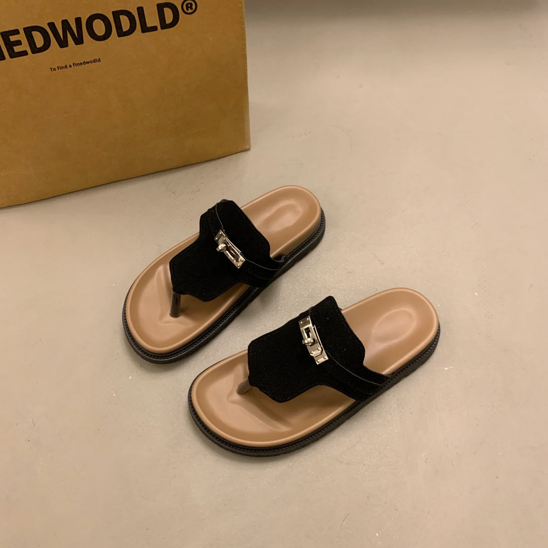 Damen Komfortable Zehentrenner-Sandalen mit ergonomischem Fußbett und dekorativer Schnalle EB
