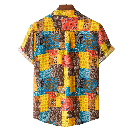 Herren Kurzarmhemd im bunten Patchwork-Design mit Henley-Ausschnitt EB