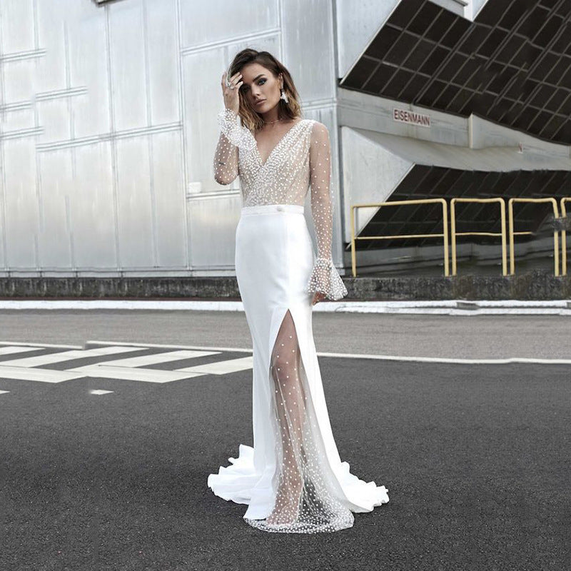 Damen Hochgeschlitztes Abendkleid mit transparentem Oberteil und Perlenapplikationen EB