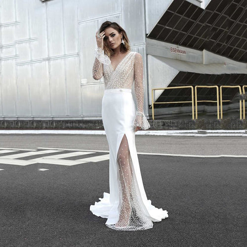 Damen Hochgeschlitztes Abendkleid mit transparentem Oberteil und Perlenapplikationen EB