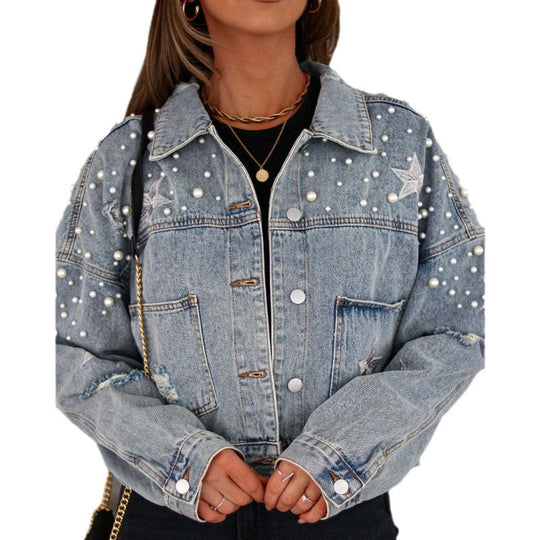 Damen Jeansjacke mit auffälligen Applikationen und oversized Schnitt EB