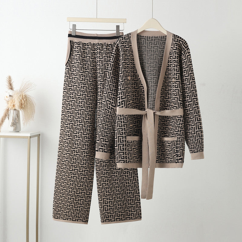 Damen lässiges Strick-Loungewear-Set mit geometrischem Muster EB
