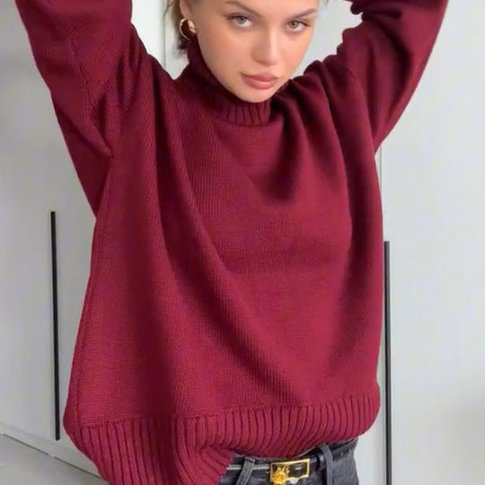 Damen Oversized Pullover mit hohem Kragen aus hochwertiger Baumwolle EB