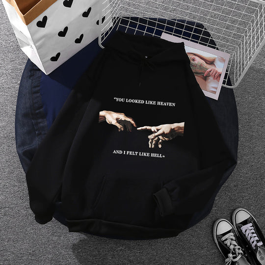 Damen nan Oversize Kapuzenpullover mit Kängurutasche und Renaissance‑Handmotiv, weiches Fleece Innenfutter EB