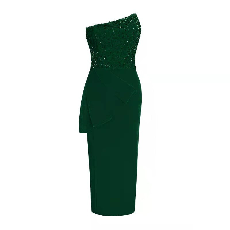 Damen Abendkleid mit asymmetrischem Ausschnitt und Pailletten