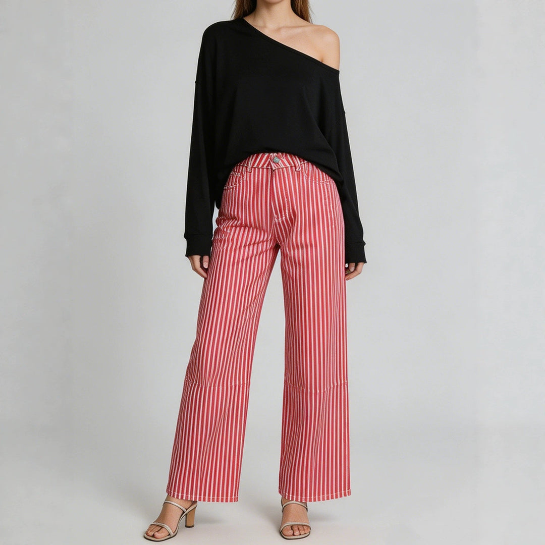 Damen nan weite High-Waist Palazzohose mit vertikalen Streifenoptik und abgesteppten Kniepartien EB