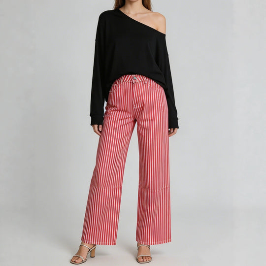 Damen nan weite High-Waist Palazzohose mit vertikalen Streifenoptik und abgesteppten Kniepartien EB