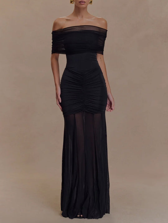 Damen nan schulterfreies Zweiteiler-Abendkleid mit gerafftem Minikleid und transparentem Bodenrock EB