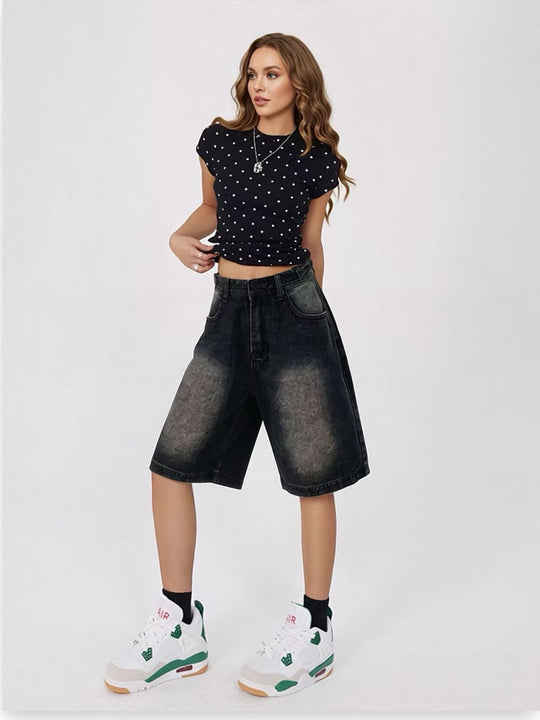 Damen lässige Denim-Shorts mit hohem Bund und weitem Schnitt EB