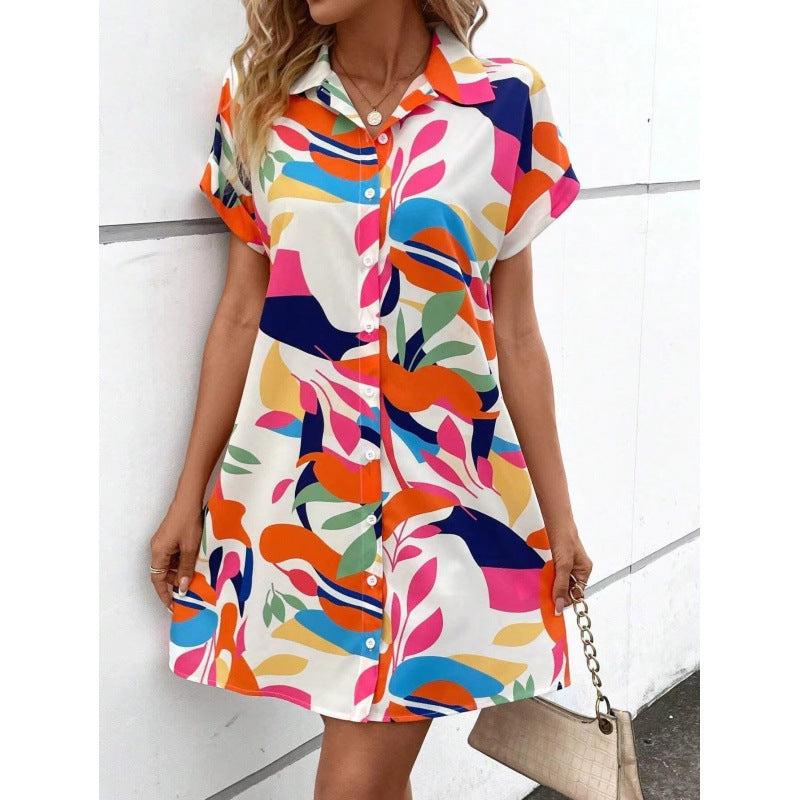 Damen Kurzarm Knopf-vorne Hemdkleid EB