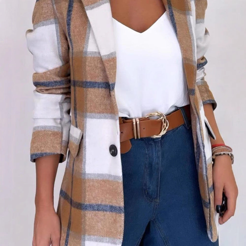 Damen Kariertes Blazerjacke aus weichem Material mit eleganten Details EB