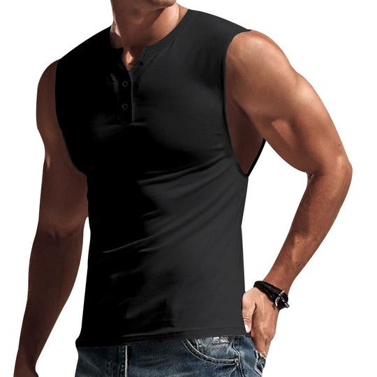 Herren nan ärmelloses Muskelshirt mit Henley-Knopfleiste, tiefem Armausschnitt und elastischem Baumwollmix EB