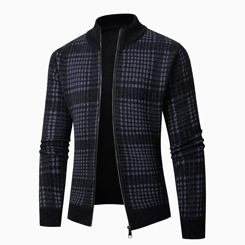 Herren modische Strickjacke mit modernem Karomuster und hohem Kragen EB