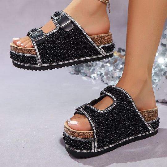 Damen Perlenbesetzte Keilplattform-Sandalen mit Doppelriemen und Komfortfußbett EB