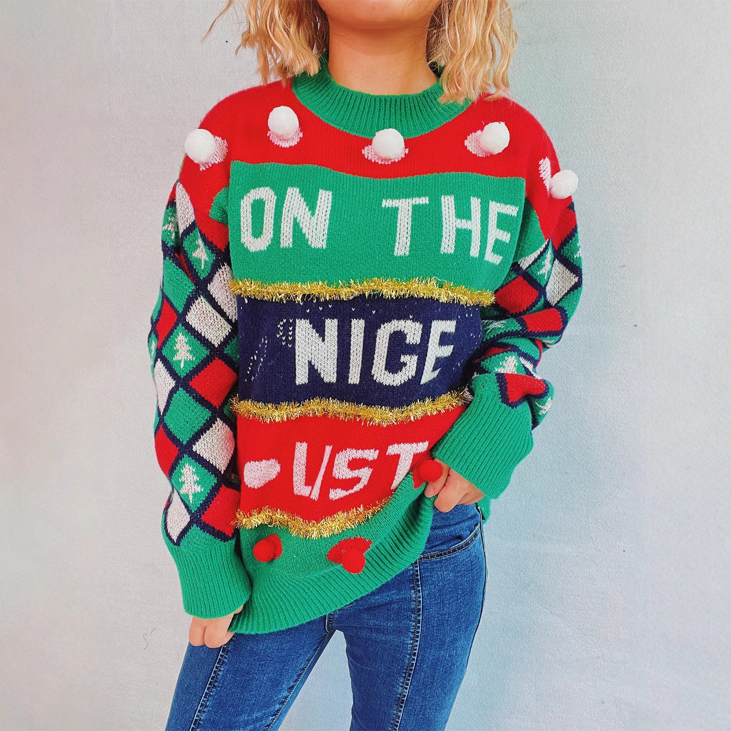 Damen weihnachtlicher Pullover mit dreidimensionalen Motiven und glitzernden Akzenten EB