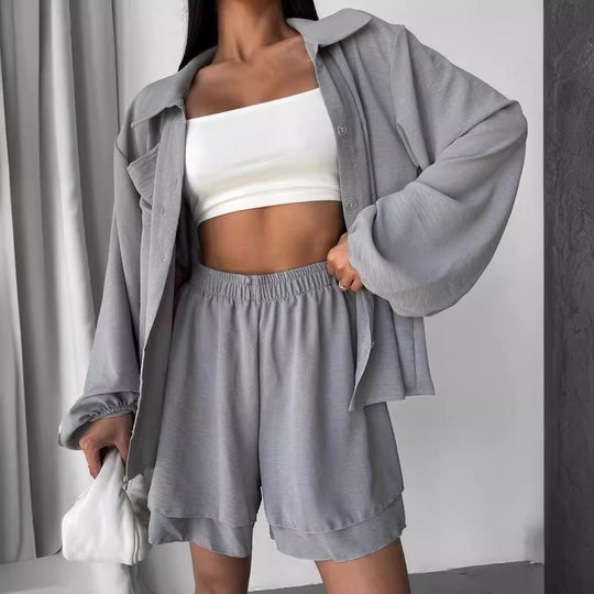 Damen Entspanntes Shorts-Set mit Oversized Hemd EB