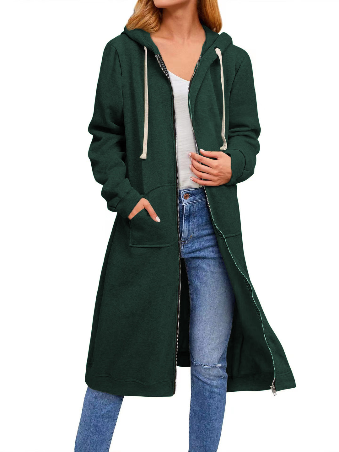 Damen Long Hoodie-Jacke aus bequemen Sweatmaterial mit Taschen EB