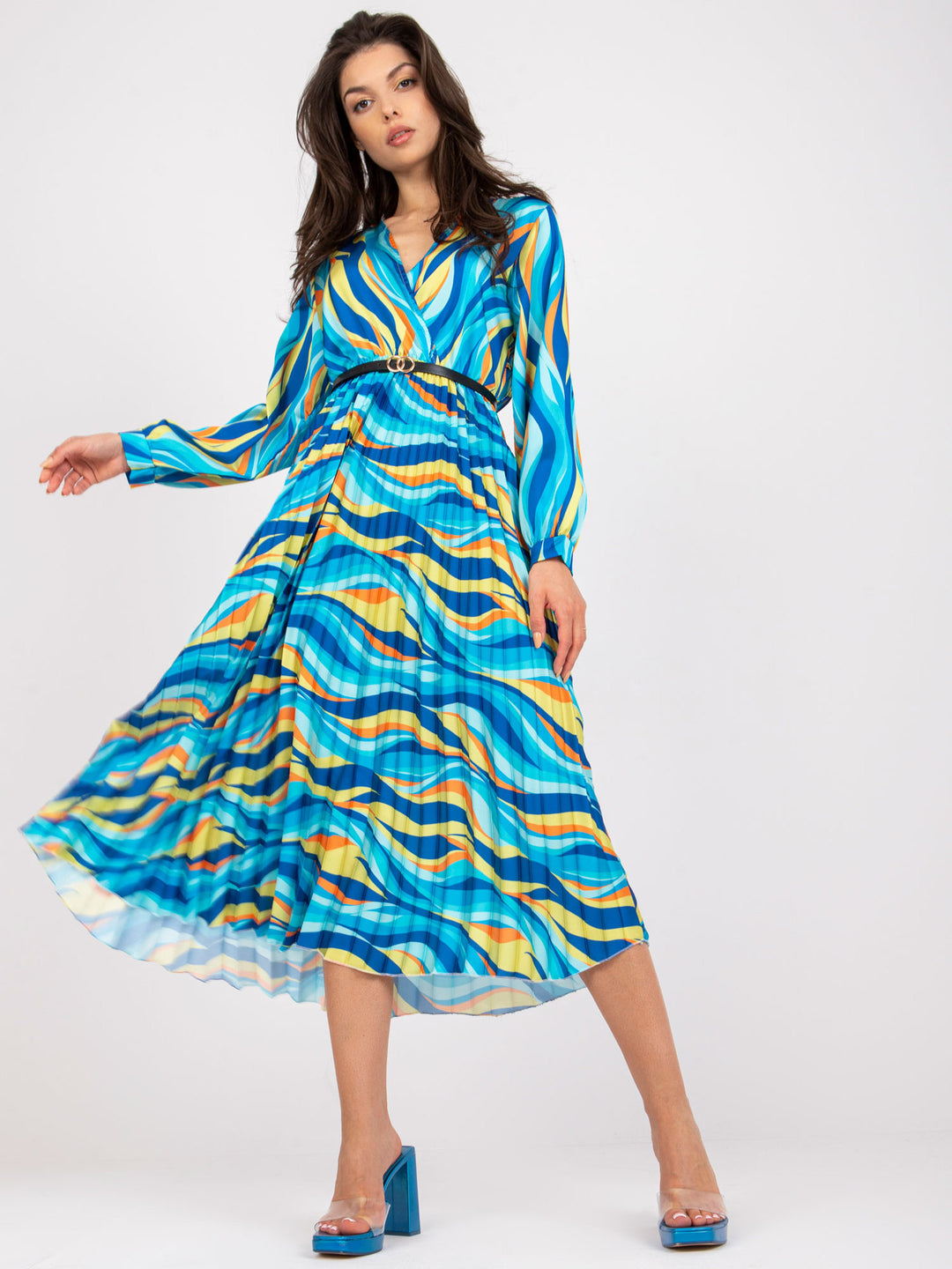 Damen Plisseekleid mit Wellenmuster und tailliertem Design EB