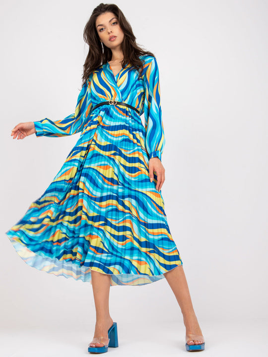 Damen Plisseekleid mit Wellenmuster und tailliertem Design EB