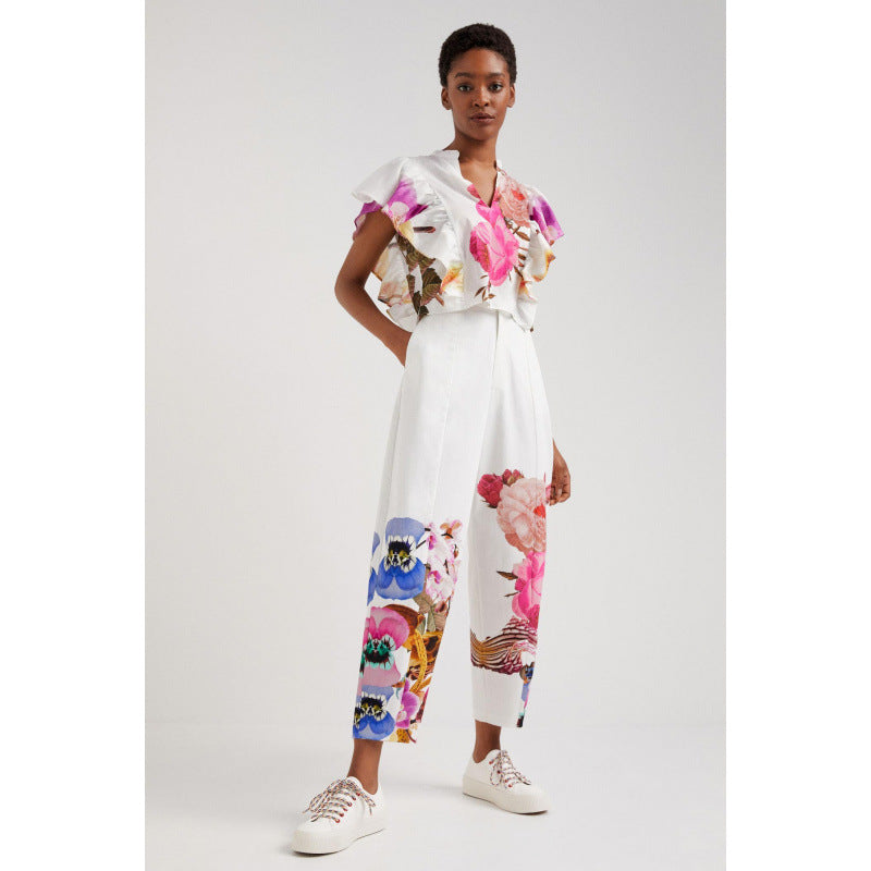 Damen Blusen- und Hosen-Set mit floralem Design und zarten Rüschendetails EB