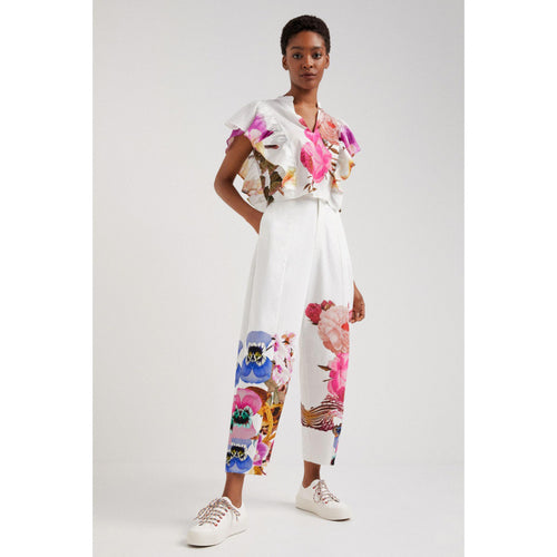 Damen Blusen- und Hosen-Set mit floralem Design und zarten Rüschendetails EB