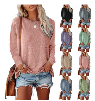 Damen lässiges Langarmshirt mit Taschen und Rundhalsausschnitt EB