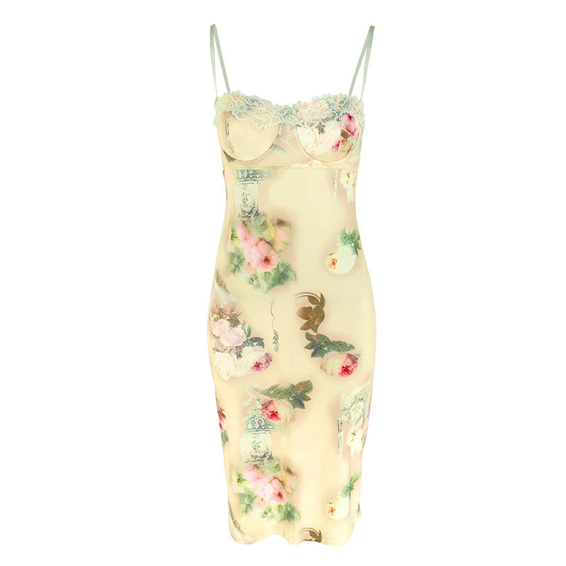 Damen Sommerliches Blumenkleid mit zarter Spitze und Spaghetti-Trägern EB