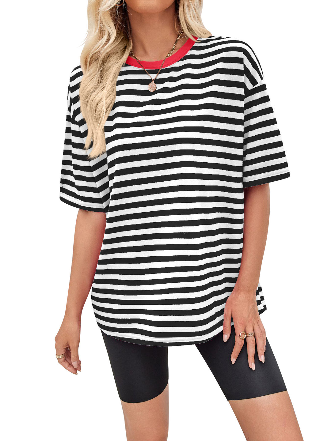 Damen gestreiftes Oversize T-Shirt mit Rundhalsausschnitt und Kontrastdetails EB