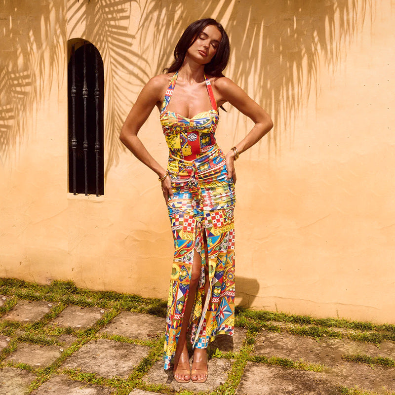 Damen Sommerliches Maxikleid mit buntem Druck und aufregendem Schlitz EB