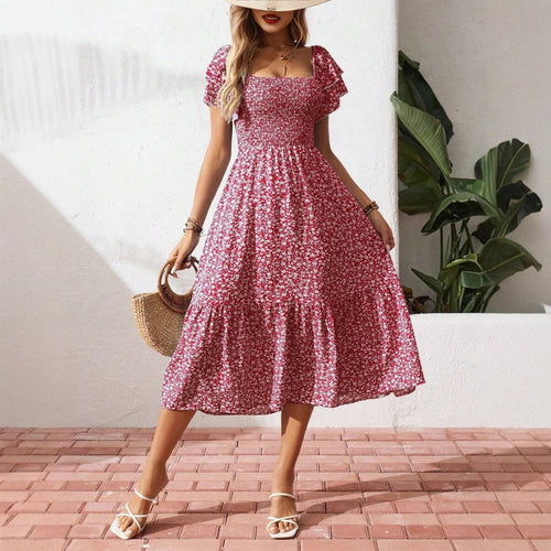 Damen Off-Shoulder Maxikleid mit floralen Mustern und elastischem Oberteil EB